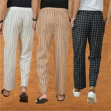 COMBO OF 3 MEN STRIPE COTTON HANDLOOM PANT BEIGE BLACK AND BEIGE