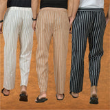 COMBO OF 3 MEN STRIPE COTTON HANDLOOM PANT BEIGE BLACK AND BEIGE