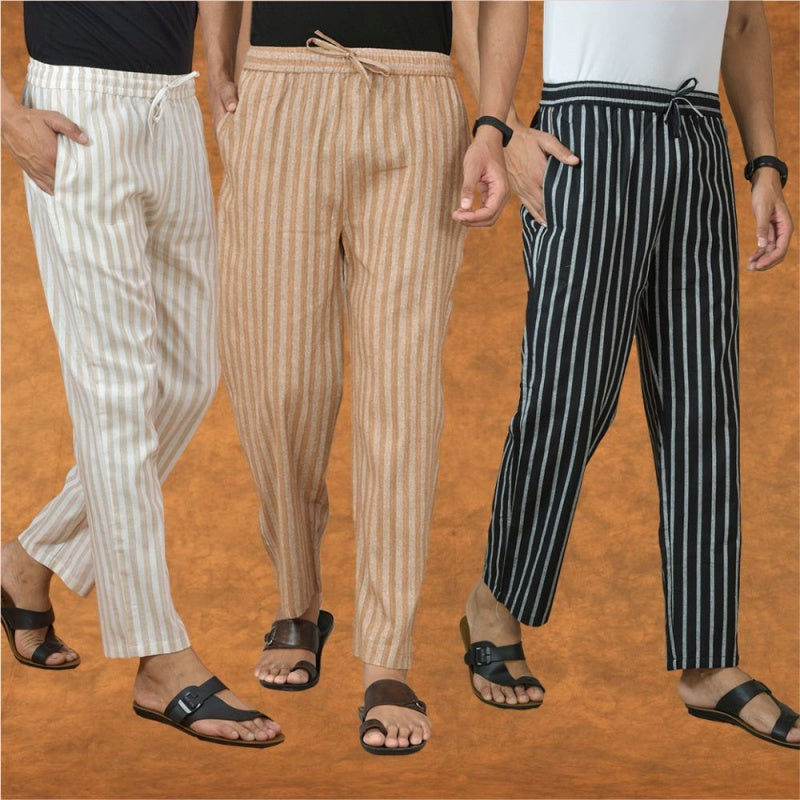 COMBO OF 3 MEN STRIPE COTTON HANDLOOM PANT BEIGE BLACK AND BEIGE