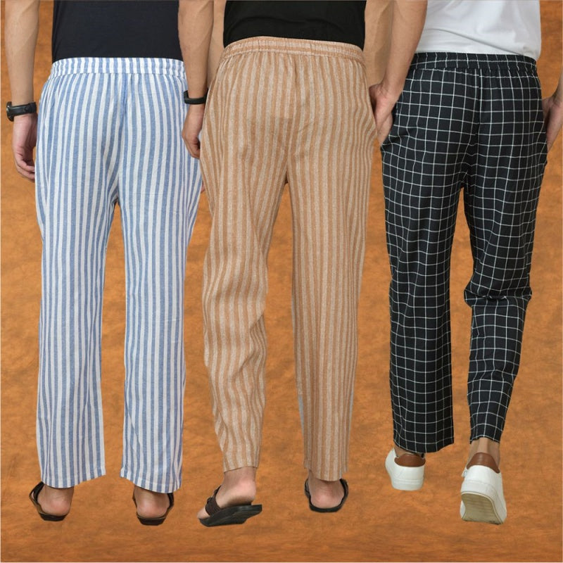 COMBO OF 3 MEN STRIPE COTTON HANDLOOM PANT BEIGE BLACK AND BLUE