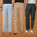 COMBO OF 3 MEN STRIPE COTTON HANDLOOM PANT BEIGE BLACK AND BLUE