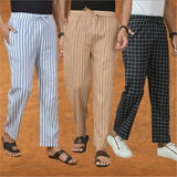 COMBO OF 3 MEN STRIPE COTTON HANDLOOM PANT BEIGE BLACK AND BLUE