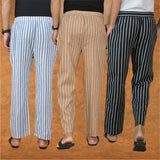 COMBO OF 3 MEN STRIPE COTTON HANDLOOM PANT BEIGE BLACK AND BLUE