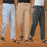 COMBO OF 3 MEN STRIPE COTTON HANDLOOM PANT BEIGE BLACK AND BLUE