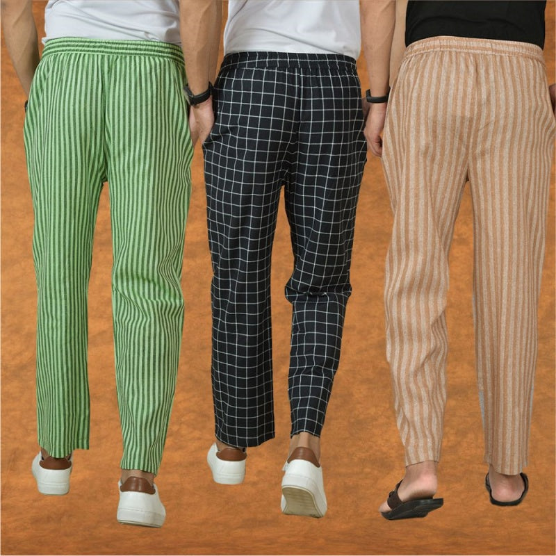 COMBO OF 3 MEN STRIPE COTTON HANDLOOM PANT BEIGE BLACK AND OLIVE GREEN