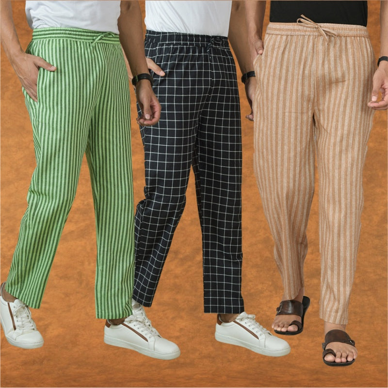 COMBO OF 3 MEN STRIPE COTTON HANDLOOM PANT BEIGE BLACK AND OLIVE GREEN