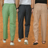 COMBO OF 3 MEN STRIPE COTTON HANDLOOM PANT BEIGE BLACK AND OLIVE GREEN