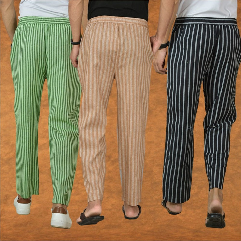 COMBO OF 3 MEN STRIPE COTTON HANDLOOM PANT BEIGE BLACK AND OLIVE GREEN