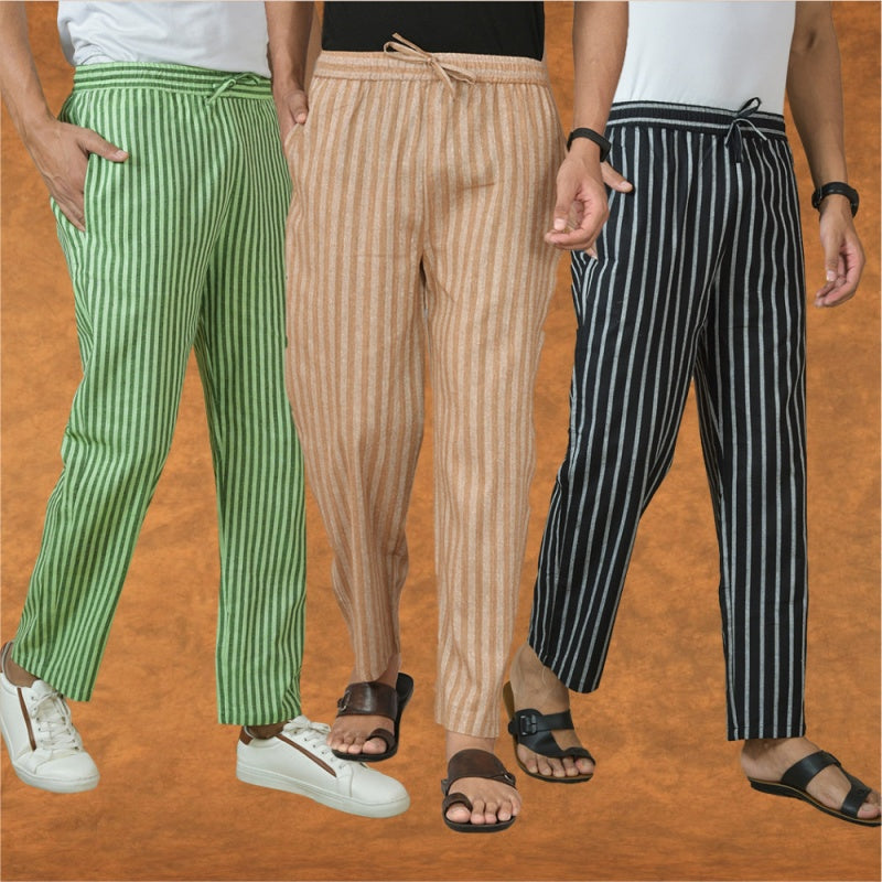 COMBO OF 3 MEN STRIPE COTTON HANDLOOM PANT BEIGE BLACK AND OLIVE GREEN