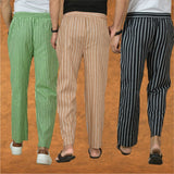 COMBO OF 3 MEN STRIPE COTTON HANDLOOM PANT BEIGE BLACK AND OLIVE GREEN