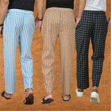 COMBO OF 3 MEN STRIPE COTTON HANDLOOM PANT BEIGE BLACK AND SKY BLUE