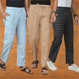 COMBO OF 3 MEN STRIPE COTTON HANDLOOM PANT BEIGE BLACK AND SKY BLUE