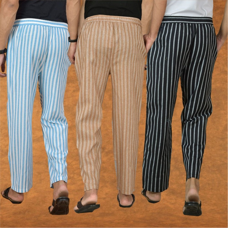 COMBO OF 3 MEN STRIPE COTTON HANDLOOM PANT BEIGE BLACK AND SKY BLUE