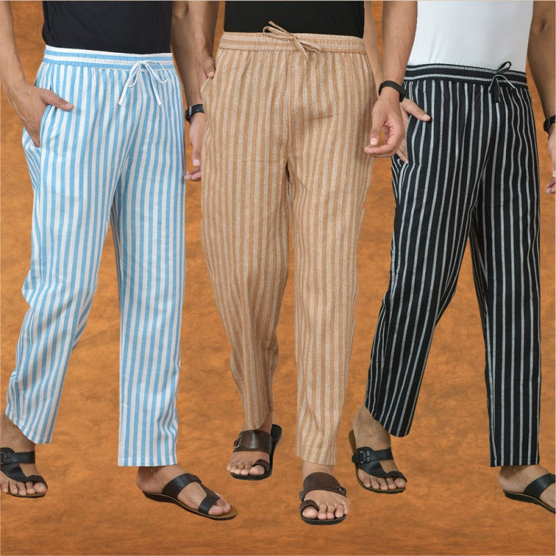 COMBO OF 3 MEN STRIPE COTTON HANDLOOM PANT BEIGE BLACK AND SKY BLUE