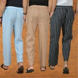 COMBO OF 3 MEN STRIPE COTTON HANDLOOM PANT BEIGE BLACK AND SKY BLUE