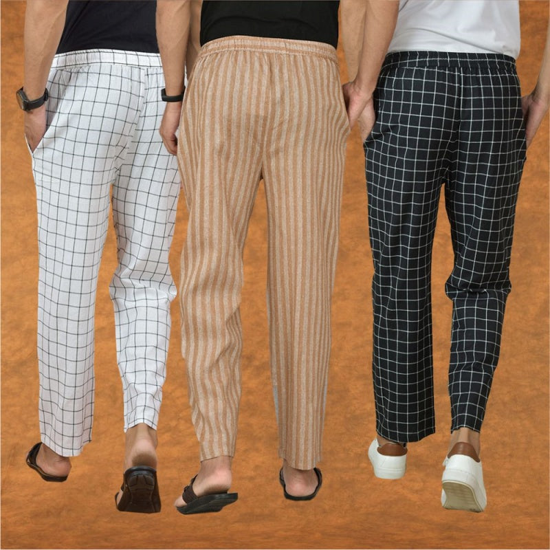 COMBO OF 3 MEN STRIPE COTTON HANDLOOM PANT BEIGE BLACK AND WHITE
