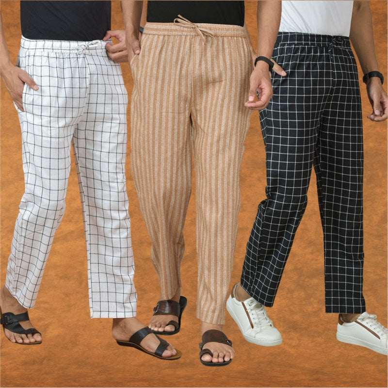 COMBO OF 3 MEN STRIPE COTTON HANDLOOM PANT BEIGE BLACK AND WHITE