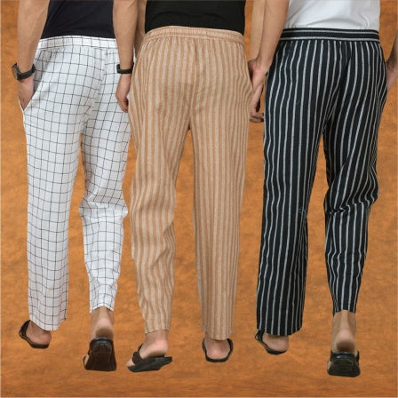 COMBO OF 3 MEN STRIPE COTTON HANDLOOM PANT BEIGE BLACK AND WHITE