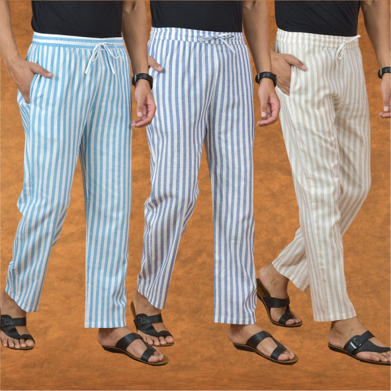 COMBO OF 3 MEN STRIPE COTTON HANDLOOM PANT BEIGE BLUE AND SKY BLUE