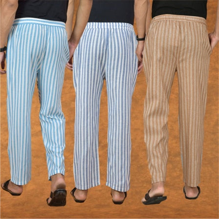 COMBO OF 3 MEN STRIPE COTTON HANDLOOM PANT BEIGE BLUE AND SKY BLUE