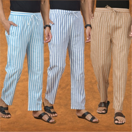 COMBO OF 3 MEN STRIPE COTTON HANDLOOM PANT BEIGE BLUE AND SKY BLUE