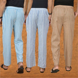 COMBO OF 3 MEN STRIPE COTTON HANDLOOM PANT BEIGE BLUE AND SKY BLUE