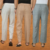 COMBO OF 3 MEN STRIPE COTTON HANDLOOM PANT BEIGE GRAY AND BEIGE