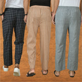 COMBO OF 3 MEN STRIPE COTTON HANDLOOM PANT BEIGE GRAY AND BLACK