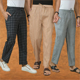 COMBO OF 3 MEN STRIPE COTTON HANDLOOM PANT BEIGE GRAY AND BLACK
