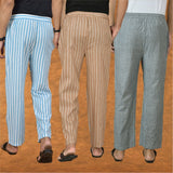 COMBO OF 3 MEN STRIPE COTTON HANDLOOM PANT BEIGE GRAY AND SKY BLUE