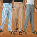 COMBO OF 3 MEN STRIPE COTTON HANDLOOM PANT BEIGE GRAY AND SKY BLUE
