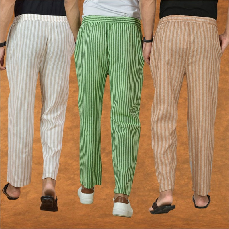 COMBO OF 3 MEN STRIPE COTTON HANDLOOM PANT BEIGE OLIVE GREEN AND BEIGE