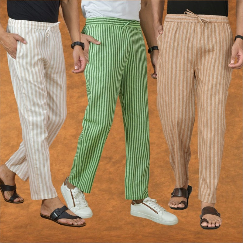 COMBO OF 3 MEN STRIPE COTTON HANDLOOM PANT BEIGE OLIVE GREEN AND BEIGE