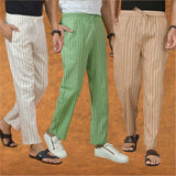 COMBO OF 3 MEN STRIPE COTTON HANDLOOM PANT BEIGE OLIVE GREEN AND BEIGE