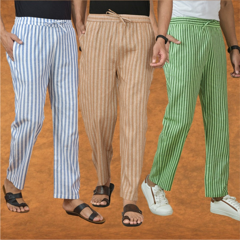 COMBO OF 3 MEN STRIPE COTTON HANDLOOM PANT BEIGE OLIVE GREEN AND BLUE