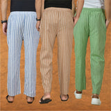 COMBO OF 3 MEN STRIPE COTTON HANDLOOM PANT BEIGE OLIVE GREEN AND BLUE