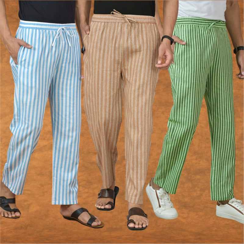 COMBO OF 3 MEN STRIPE COTTON HANDLOOM PANT BEIGE OLIVE GREEN AND SKY BLUE