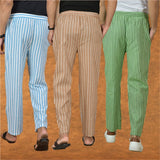 COMBO OF 3 MEN STRIPE COTTON HANDLOOM PANT BEIGE OLIVE GREEN AND SKY BLUE