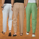 COMBO OF 3 MEN STRIPE COTTON HANDLOOM PANT BEIGE OLIVE GREEN AND WHITE
