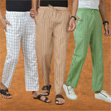 COMBO OF 3 MEN STRIPE COTTON HANDLOOM PANT BEIGE OLIVE GREEN AND WHITE