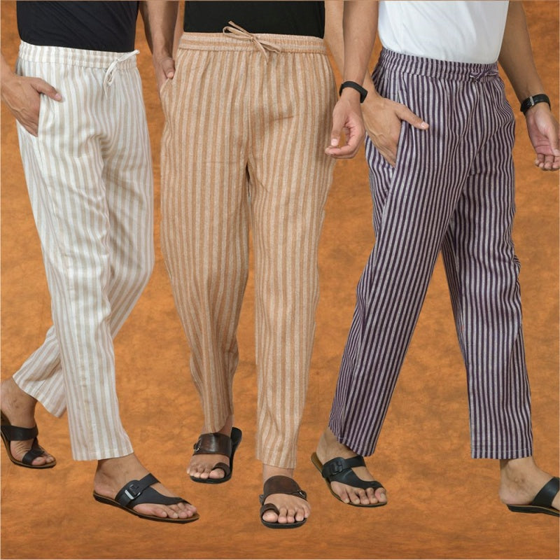 COMBO OF 3 MEN STRIPE COTTON HANDLOOM PANT BEIGE PURPLE AND BEIGE