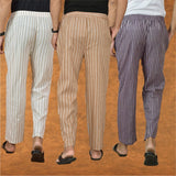COMBO OF 3 MEN STRIPE COTTON HANDLOOM PANT BEIGE PURPLE AND BEIGE