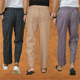 COMBO OF 3 MEN STRIPE COTTON HANDLOOM PANT BEIGE PURPLE AND BLACK