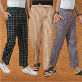 COMBO OF 3 MEN STRIPE COTTON HANDLOOM PANT BEIGE PURPLE AND BLACK