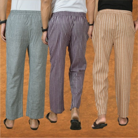 COMBO OF 3 MEN STRIPE COTTON HANDLOOM PANT BEIGE PURPLE AND GRAY