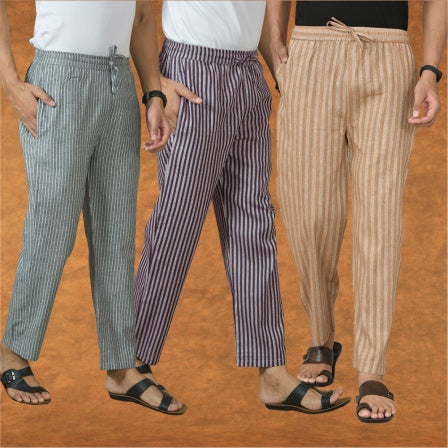 COMBO OF 3 MEN STRIPE COTTON HANDLOOM PANT BEIGE PURPLE AND GRAY