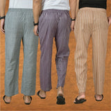 COMBO OF 3 MEN STRIPE COTTON HANDLOOM PANT BEIGE PURPLE AND GRAY