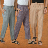 COMBO OF 3 MEN STRIPE COTTON HANDLOOM PANT BEIGE PURPLE AND GRAY