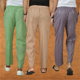 COMBO OF 3 MEN STRIPE COTTON HANDLOOM PANT BEIGE PURPLE AND OLIVE GREEN