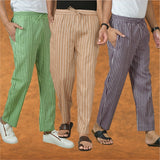 COMBO OF 3 MEN STRIPE COTTON HANDLOOM PANT BEIGE PURPLE AND OLIVE GREEN